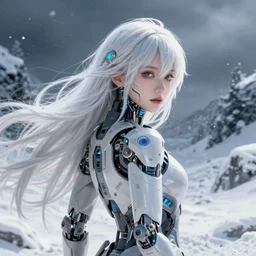beautiful portrait of a sci woman in winter with mecha implants with white flowy long hair facing the camera in the style of a code vein character, momo from twice in code vein in the style of wlop, artgerm, yasutomo oka, yuumei, rendered in unreal engine and redshift octane, background is surrounded by epic snow landscape by simon stalenhag, digital art dynamic dramatic lighting, soft lighting, imagine fx, artstation, cgsociety, by bandai namco artist,