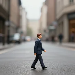 a tiny man, mini man walking in the street wearing a suit, digital art, photo