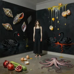 painting of a flooded art gallery room at an art gallery, black walls, a tall emo woman, a molluscs on the walls, black swans, lava, pomegranates, courgettes, raw eggs dripping down walls, broken egg shells, sensual, octopus tentacles coming from puddles, zen, surrealist, by magritte and monet