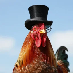 portrait of a rooster, with top hat!!! and monocle!!!, extremely beautiful, open skies