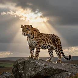 a panther on a granite rock outcrop in dartmoor national park, dramatic lighting, god rays, cinematic