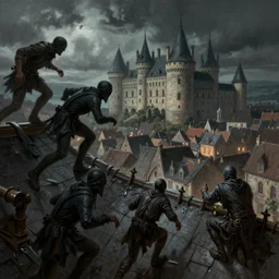 thiefs run on roof of castle and town, horror, dnd, highly detailed, smooth, sharp focus, chiaroscuro, digital painting, artgerm and greg rutkowski and alphonse mucha