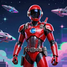 1 9 5 0 s pulp, space hero in red and metal suit, starships in the background, in the style of vaporwave, hyper detailed