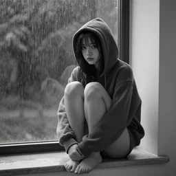 sadie sink in hoodie, knees tucked in, on windowsill | rain falls at night : b & w storyboard drawing, scifi cyberpunk. by gabriel hardman, joe alves, chris bonura. cinematic atmosphere, detailed and intricate, perfect anatomy