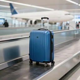 a blue suitcase on an airport conveyor belt, moving on its way to a plane