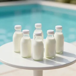 5 5 mm photo of milk bottle on a zen minimalist round white table with gorgeous pool in the background. highly detailed 8 k. intricate. lifelike. soft light,