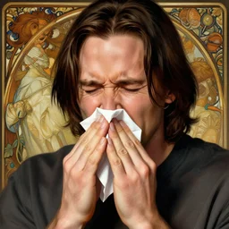 keanu reeves sneezing, male, portrait, intricate, jackass, highly detailed, digital painting, artstation, concept art, wallpaper, smooth, sharp focus, illustration, art by artgerm and greg rutkowski and alphonse mucha