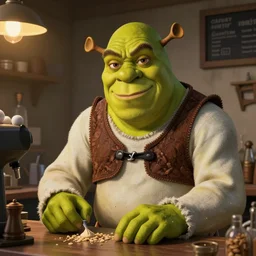 white cypriot man with a beard is fully decked out in Shrekcore working at the coffee shop