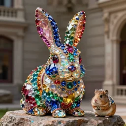 super cute bunny statue made of individual rainbow gems, getty museum, gem face, on rock, gemstone nose, portrait, made of large rainbow gems, huge ornate gemstones, ruby sapphire emerald opal onyx, artgerm, realistic, roger deakins, annie liebovitz, greg rutkowski, jewelry hamster