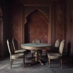 glimmering rich oriental interior, dull, abandoned photograph, empty table, cushioned chair, desaturated, two-point perspective