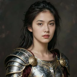 close - up portrait of beautiful young woman dressed gladiator with metallic armor, art by nobuyoshi araki