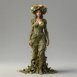 full body portrait of a woman with a wreath on her head, a matte painting by nina tryggvadottir, featured on cg society, fantasy art, made of vines, daz 3 d, made of flowers
