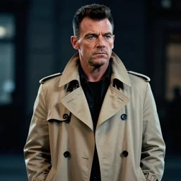 hyperrealistic noir transcendental rick astley wearing iconic beige trench coat, bladerunner, low light, ultra detail, zeiss lens, unreal engine 5, aperture 1. 2, bokeh