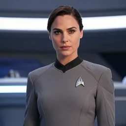 Gal Gadot, wearing a regulation starfleet uniform, is the captain of the starship Enterprise in the new Star Trek movie