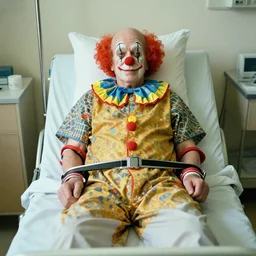 elderly clown restrained to hospital bed with wrist restraints attached to hospital bed, greg rutkowski, photograph, 8 k