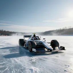 Single F1 car racing on an ice lake, cinematic, epic, car shot