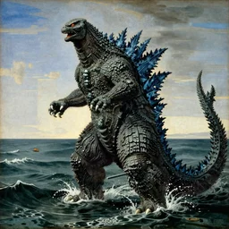 godzilla emerging from the seas by sandro botticelli, painting