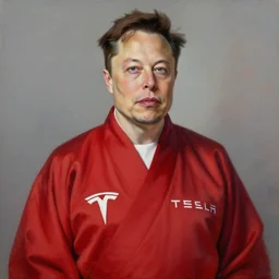 Elon Musk wearing an elegant red hanfu with tesla designs, oil on canvas, highly detailed portrait, professional concept art, expressive