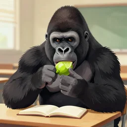 a gorilla with black hair eating a lime in an academy, digital illustration, in the style of greg rutkowski