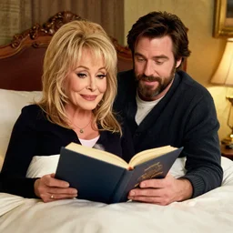 portrait of dolly parton reading a bedtime story to jim carrey in bed,