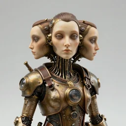 awardwinning photo of a three faced steampunk avatar with three faces, wearing a glowing blue and silver metallic aztec futurism helmet with multicolored tubes and shiny metallic devices, 3 d render, crisp, 8 k, fluorescent colors, insanely integrate, nikon photography