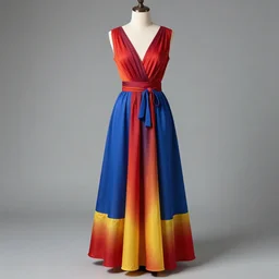 A beautiful dress colored (((red, and))) blue, and yellow