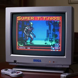 Sega Super Nintendo Entertainment System, Terminator Videogame, CRT monitor photo, highly detailed
