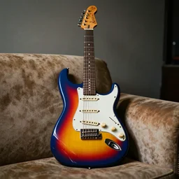 sunburst relic stratocaster style guitar, blue, red, and yellow sunburst body, ssh, roasted relic maple neck, in a vintage studio on an old dusty sofa, ultra detailed, cinematic, 4 k