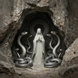 sacred cave, rough, secret, minimalistic, brotherhood of the snakes, shrine, priestess, intricate, highly detailed, digital painting, artstation, concept art, smooth, sharp focus, illustration, Unreal Engine 5, 8K, art by artgerm and greg rutkowski
