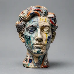 studio photograph of a mixed media surrealist sculpture of a human head by armand fernandez, francis bacon and cy twombly, 3 5 mm, leica