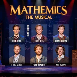 mathematics the musical on broadway, full cast, math equations in the background, promotional photo, stage lighting