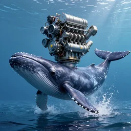 photograph of a cachalot whale with v 8 motor engine in his head, a cachalot with a diesel engine instead of his head, long shot, by modern artist, in the style of cyberpunk, fantastic