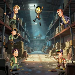 photo cartoon illustration comics manga painting of warehouseenvironement : 6 fantasy environement, digital painting, unreal engine, 8 k, volumetric lighting, contrast by john kirby by carl warner and jim woodring, trending on artstation