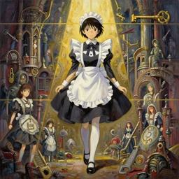 baroque acrylic painting of key visual environment concept art, anime maid character sheet, concept design, brutalist fantasy, rule of thirds golden ratio, fake detail, trending pixiv fanbox, palette knife, style of makoto shinkai ghibli takashi takeuchi yoshiyuki sadamoto jamie wyeth james gilleard greg rutkowski chiho aoshima