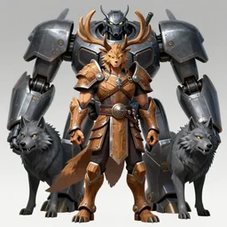 warforged druid male anime character, wolf armor, wooden antlers, made of wood, made of metal, large robot, wolves, knight, medieval castle, wolf pack following, 3 d render beeple, realistic detailed octane render, pop up parade figure