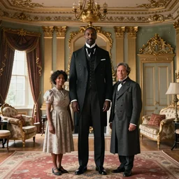 a huge tall black man in victorian suit and overcoat stands beside short slim woman in a dress in living room of baroque, ornate english mansion, adebanji alade, george goodwin kilburne, norman rockwell
