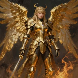 concept art, angel knight girl in golden and cooper armor. by ( rembrandt painting ( 1 0 0 ) ( fractal flame ) ), highly detailded