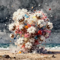 explosion made of cotton on a beach, sea, fantasy, intricate, amazing composition, colorful watercolor, by ruan jia, by maxfield parrish, by marc simonetti, by hikari shimoda, by robert hubert, by zhang kechun, illustration, gloomy