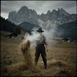 alpine tyrolean farmer disintegrating into hay on a field, dolomites in background, dark, eerie, 1 9 2 0 s ghost photography, spirits, fog from mouth