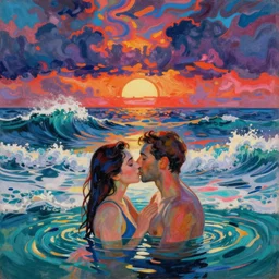 close view of woman and man kissing halfway in the water. great, tall waves, sun setting through the storm clouds. iridescent, vivid psychedelic colors. painting by bonnard, felix vallotton, egon schiele, henri de toulouse - lautrec, utamaro, monet