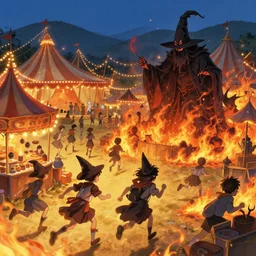close - up young student witches running through small carnival amusement on fire, sorcerer dark evil wizard attack battle, inferno flames, food stalls, big top circus tent, roaming entertainers, flashing lights, highly detailed, magical, japan mountains, digital painting, concept art, matte, art by ruan jia and wlop and greg rutkowski and makoto shinkai, masterpiece
