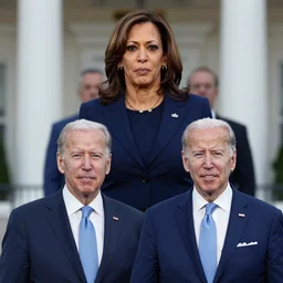 joe biden with kamala harris menacingly standing behind him