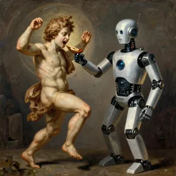 goya painting of saturn eating his son represented as an I Robot by mario feng, ray tracing, master shot, octane render, 8k, ultra hd, perfect light