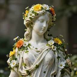 a marble statue covered in flowers, full frame, cinematic light, 8k, hyper detailed , unreal engine,