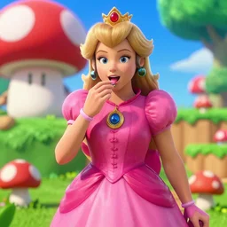 harry styles dressed as princess peach, eating mushrooms in the mushroom kingdom, video game, unreal engine