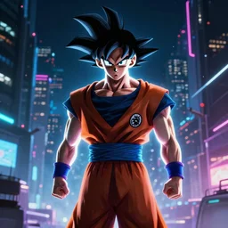 goku in a cyberpunk city, cinematic, night, glow,