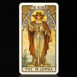 “The Rider tarot card of an occultist in front of an alter with a dagger, illustrated in an Art Deco style by Tamara De Lempika and an elegant border by Alphonse Mucha. |studio lighting |digital painting, stunning lighting, trending on ArtStation”