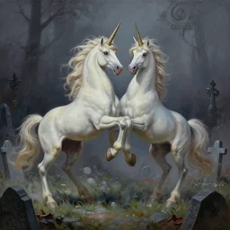 a stunning detailed mate painting of unicorns dancing on a graveyard'by wayne barlowe, existential horror, trending on cgsociety artstation, highly detailed, 8 k, masterpiece, super resolution.