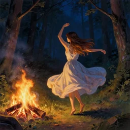 a girl dancing in the night of the forest, with her back facing the viewer, bonfire, hyperdetailed, trending on artstation, by thomas kinkade,
