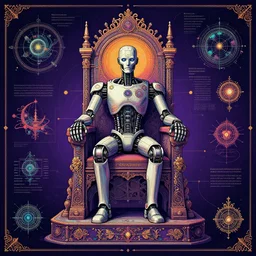 anatomy of the vitruvian terminator, robot, cyborg, t 1 0 0, bloodborne, psychedelic colors diagrams, mystical, sat on robot throne, intricate ornamental tower floral flourishes, rule of thirds, technology meets fantasy, map, infographic, concept art, art station, style of wes anderson